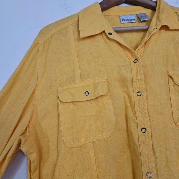 Chicos Womens 100% Linen Long Sleeve Button Up Blouse Size 2 Us L Yellow Pockets - Picture 3 of 8